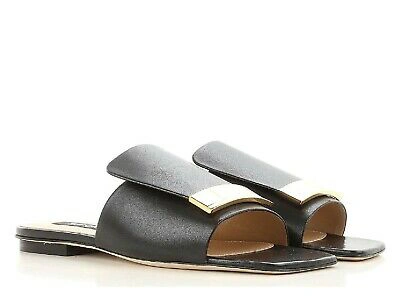 Pre-owned Sergio Rossi Women's Flats Slide Sandals In Black Leather With Gold Buckle