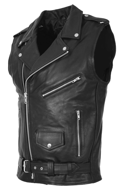 Pre-owned Fashion Mens Cowhide Leather Biker Waistcoat Sleeveless Waistcoat Classic Brando Style Gilet