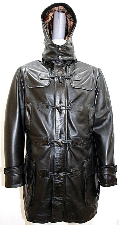 Pre-owned New Look Safari Parka Mens 3/4 Long Real Leather Black Hooded Duffle Jacket Coat