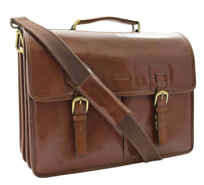 Pre-owned House Of Luggage Mens Real Italian Brown Leather Briefcase Messenger Expandable Office Laptop Bag