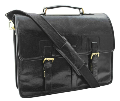 Pre-owned House Of Luggage Mens Real Italian Black Leather Briefcase Messenger Expandable Office Laptop Bag