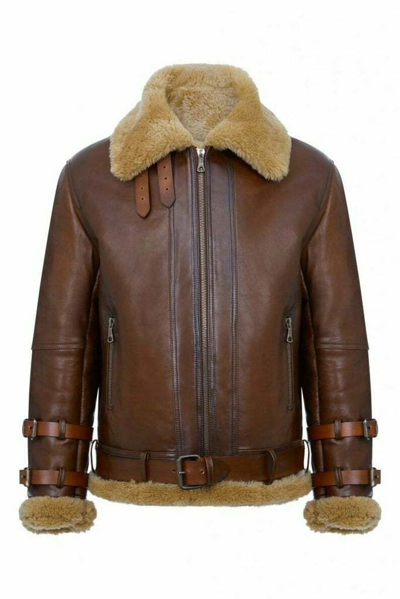 Pre-owned Amazing Clothing Store Men's Aviator Pilot Bomber Sheepskin Leather Jacket Fur Collar