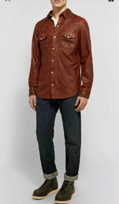 Pre-owned Motero Men's Brown Genuine Sheepskin Soft Full Sleeves Biker Casual Leather Shirt