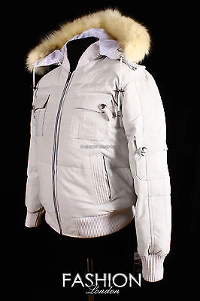 Pre-owned Real Leather Jackets And Coats Mens Lockheed Puffer Hooded Bomber Jacket White Soft Lamb Leather Quilted Jacket
