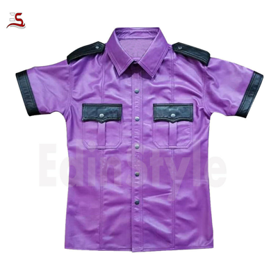 Pre-owned Police Men's Genuine Sheepskin Shirt Real Leather Purple  Style Half Sleeve Shirt