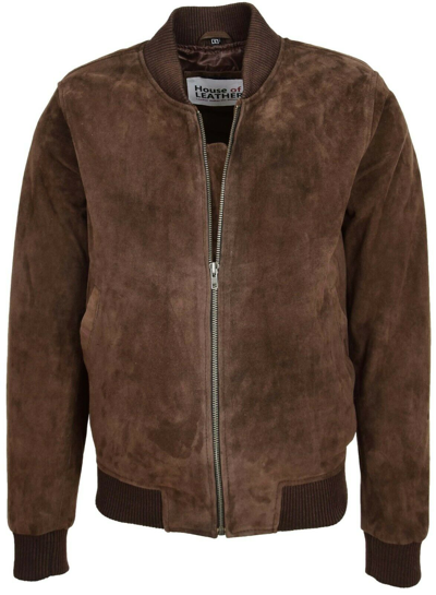Pre-owned House Of Leather Mens Classic Fit Baseball Soft Lightweight Goat Suede Bomber Jacket Brown