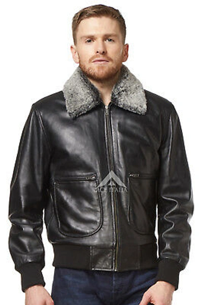 Pre-owned Smart Range Leather 'air Force' Men's Black Fur Collar Aviator Bomber Real Napa Leather Jacket 1169