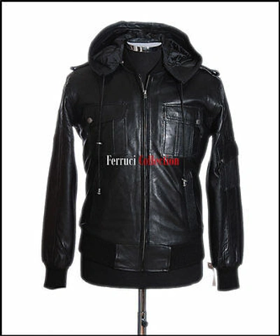 Pre-owned Harrington Pilot 6 Mens Hooded Bomber Jacket Black Real Lambskin Retro Pilot Leather Jacket