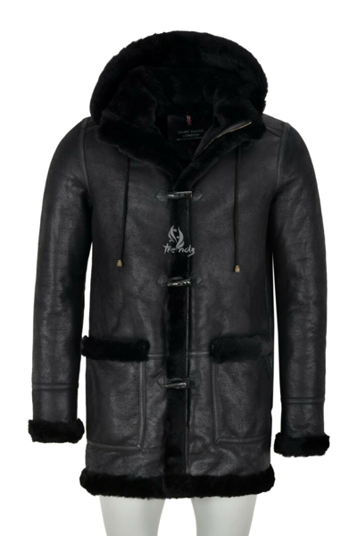 Pre-owned Smart Range Leather Men's Sheepskin Duffle Coat Black Fur Hooded Natural Shearling Fur Winters Coat