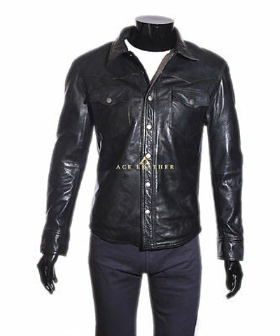 Pre-owned Ace Rio Black Men's Smart Casual Style Designer Real Soft Lambskin Leather Shirt