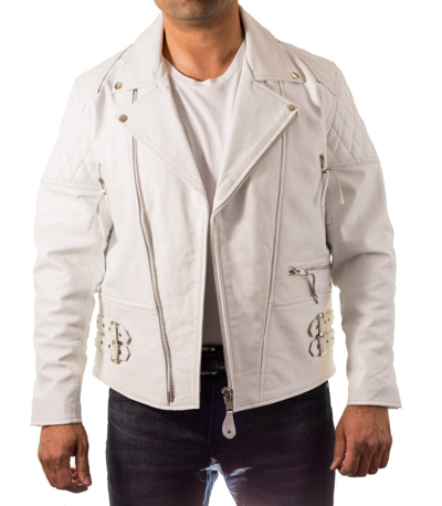 Pre-owned Style Mens White Brando Padded Quilted Shoulder/ Sleeves Double Belt Biker Jacket