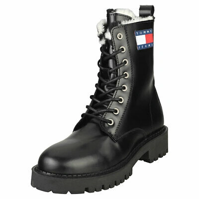 Pre-owned Tommy Jeans Warmlined Womens Black Leather Fashion Boots