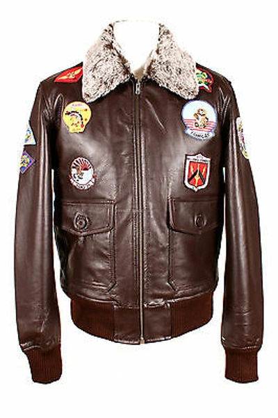 Pre-owned Real Leeather Top Gun Brown Men's Fur Collar Aviator Bomber Pilot Cowhide Leather Movie Jacket