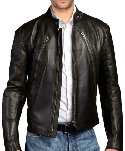 Pre-owned Handmade Mens Black Leather Motorcycle Jacket Designer Fitted Racing Bomber Jacket Pl50