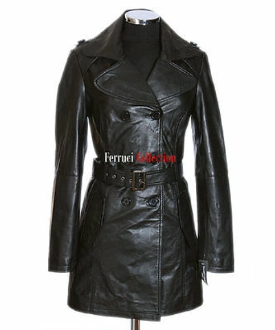 Pre-owned Vanessa Black Ladies Fashion Knee Length Real Soft Lambskin Leather Trench Coat
