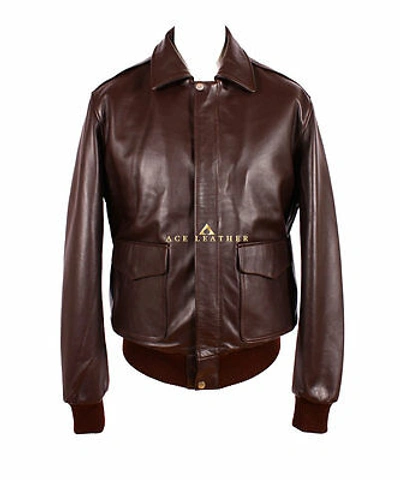 Pre-owned Ace Men's Collared Bomber Leather Jacket Brown Cowhide Classic Aviator Flying Jacket