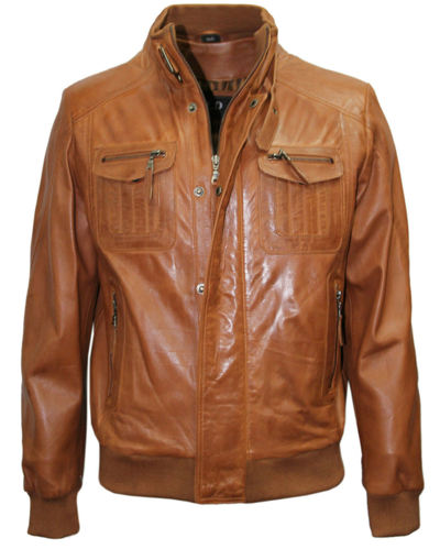Pre-owned Anz Jay Men's G114 Tan Designer Bomber Classic Style Real Soft Leather Jacket