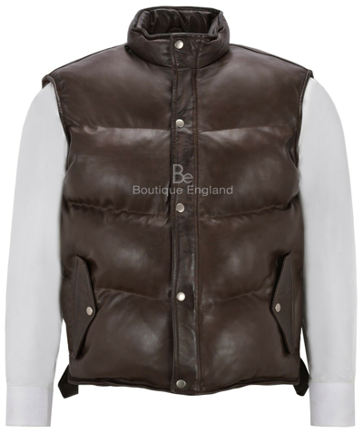 Pre-owned Smart Range Men's Puffer Leather Waistcoat Brown Padded Lambskin Leather Casual Waistcoat Style