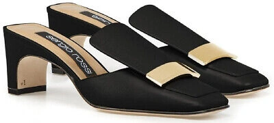 Pre-owned Sergio Rossi Women's Squared Toe Heels Mules Sandals Black Leather Gold Buckle