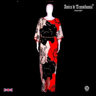 Pre-owned Amira Di Transilvania Woman Clothing Summer Couture Fashion Griff Elegant Kaftan Black Red White Roses