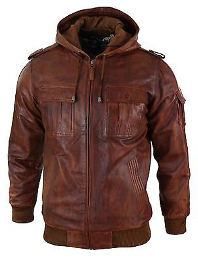 Pre-owned Aviatrix Mens Real Leather Hood Bomber Jacket Tan Timber Brown Washed Vintage Quilted