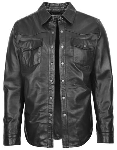 Pre-owned House Of Leather Mens Real Leather Shirt Classic Western Trucker Style Oliver Black
