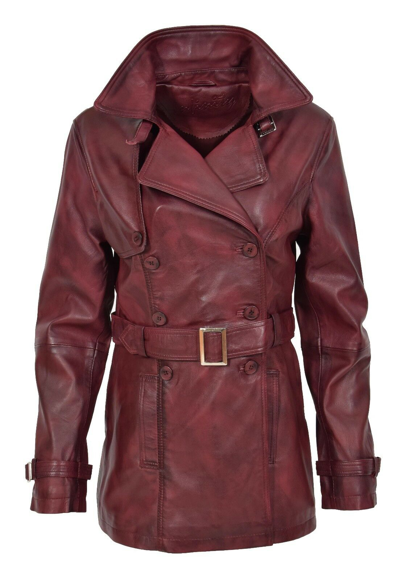 Pre-owned Fashion Ladies Real Leather Jacket Waist Belted Double Breasted Trench Coat Burgundy