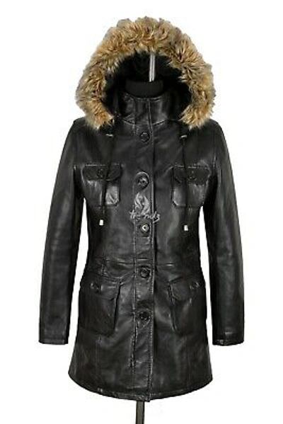 Pre-owned Real Leather Michelle Ladies Black Fur Hood Leather Jacket Real Lambskin Parka Winter Coat