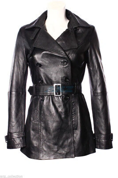 Pre-owned Real Leather Trench Ladies Black Classic Mid-length Designer Real Soft Leather Jacket Coat