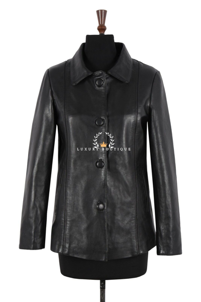 Pre-owned Carrie Ch Hoxton Woman's Black Real Leather Car Coat Button Down Front Classic Collared Jacket