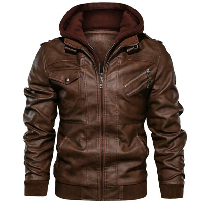 Pre-owned Edinstyle Men's Fashion Genuine Sheep Leather Bomber Jacket Biker Cafe Racer Hooded Jacket