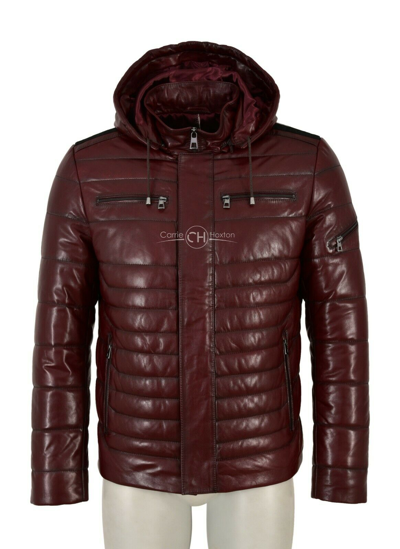 Pre-owned Real Leather Mens Puffer Leather Jacket Cherry Hooded 100% Lambskin Quilted Sport Jacket