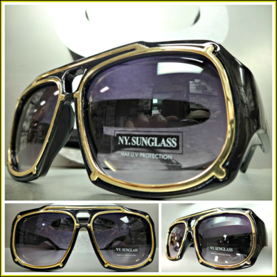 Pre-owned Nys Eyewear Men's Classic Hardcore Vintage Retro Style Sun Glasses Large Black & Gold Frame
