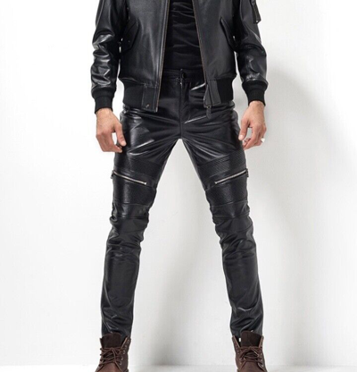 Pre-owned Edinstyle Real Cowhide Men's Trouser Black Motorbike Handmade Genuine Soft Leather Jeans