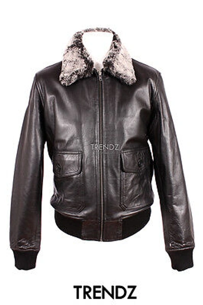 Pre-owned Trendz Men's G1 Black Fur Collar Aviator Top Gun Bomber Pilot Cowhide Leather Jacket