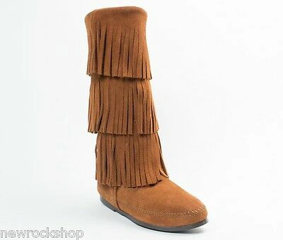 Pre-owned Minnetonka 3 Fringes Moccasins 1632 Women's Knee High Boot Hardsole Brown Suede