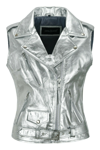 Pre-owned Carrie Hoxton Women Ladies Waistcoat Gilet Waistcoat Silver Foil Lambskin Leather Slim-fit Brando