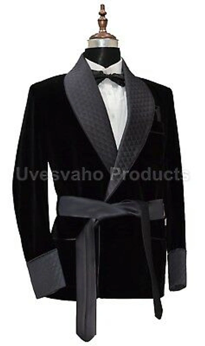 Pre-owned Handmade Men Smoking Jacket Elegant Luxury Designer Black & Grey Belted Party Blazer Uk