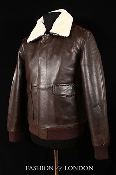 Pre-owned Real Leather Men's A2 Us Military Bomber Pilot Jacket Brown Fur Collar Lambskin Army Jacket