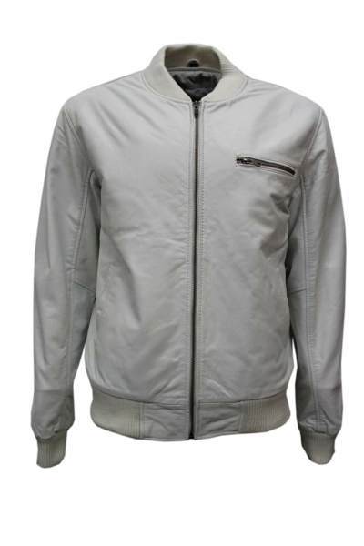 Pre-owned Sr Real Leather Men's Retro 80's Leather Bomber White Classic Soft Italian Nappa Leather Jacket