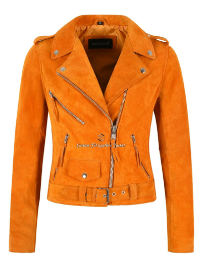 Pre-owned Style Ladies Brando Leather Jacket Tangerine Suede Fitted Biker Motorcycle