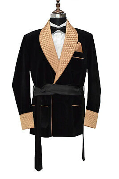Pre-owned Handmade Men Black Smoking Jackets Dressing Gown Quilted Lapel Belted Dinner Party Wear Coats Uk