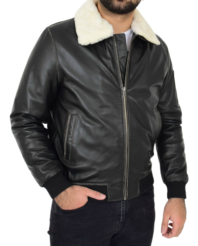 Pre-owned Fashion Mens Vintage Black Rub Off Bomber Leather Jacket Sheepskin Collar Varsity Gunner