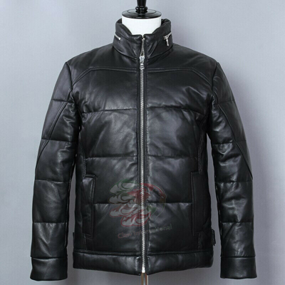 Pre-owned Claw Intl Leather Puffer Men Sheepskin Duck Down Jacket Slim Stand Collar Black Winter