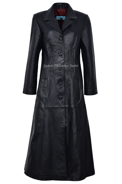 Pre-owned Smart Range Trench Ladies Black Leather Coat With Red Lining Full-length Gothic Style 298