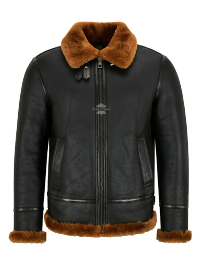 Pre-owned Smart Range Men B3 Sheepskin Jacket Black Dark Ginger Fur Real Shearling Pilot Bomber Jacket