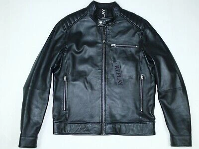 Pre-owned Replay Authentic  Real Leather Black Cafe Racer Biker Jacket With Tags Size M