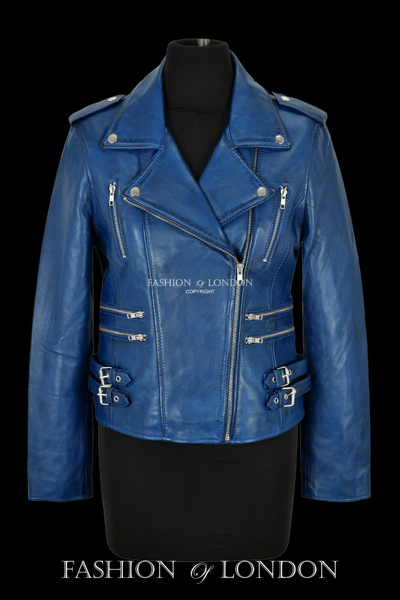 Pre-owned Style Model Women's Biker Leather Jacket Blue Real Napa Classic Fashion Casual