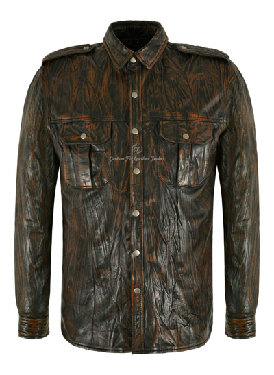 Pre-owned Smart Range Mens Leather Shirt Classic Bronze Wrinkle Effect Casual Retro Real Leather Shirt