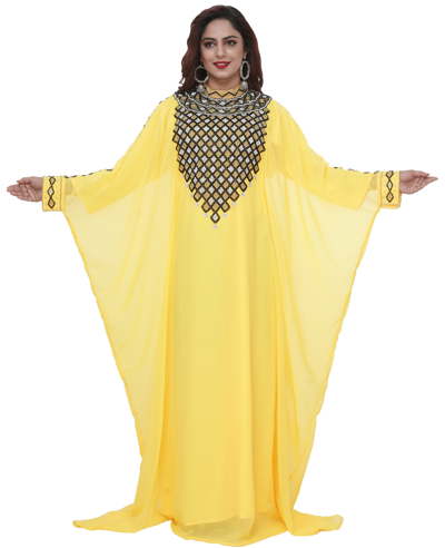 Pre-owned Maxim Creation Traditional Moroccan Caftan Maxi Dress With Checks Embroidered Pattern 8431